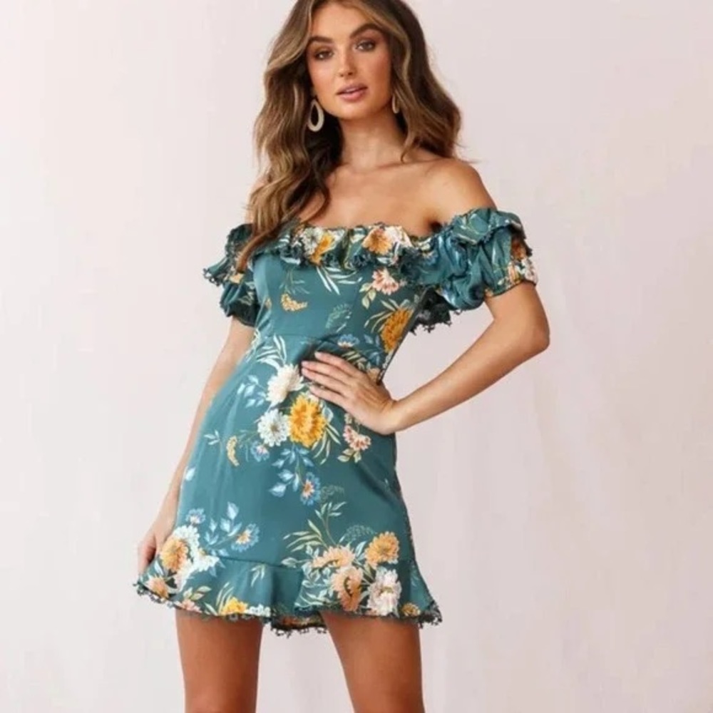 Floral wedding guest dress- Bobby Bardot Neckline puff sleeve dress teal